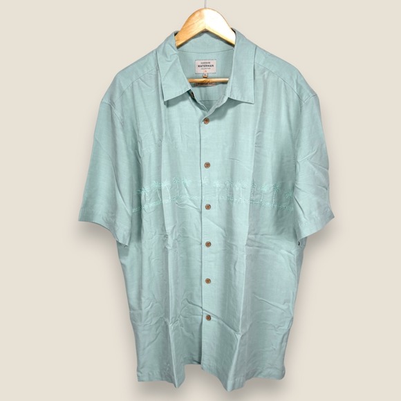Quiksilver Waterman Short Sleeve Button Camp Shirt‎ Men XL Green Blue Palm Trees - Picture 1 of 11